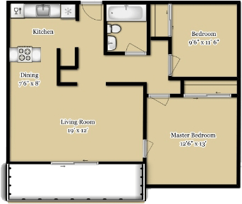 Floor plan for 2 beds, 1 bath, 835 sqft